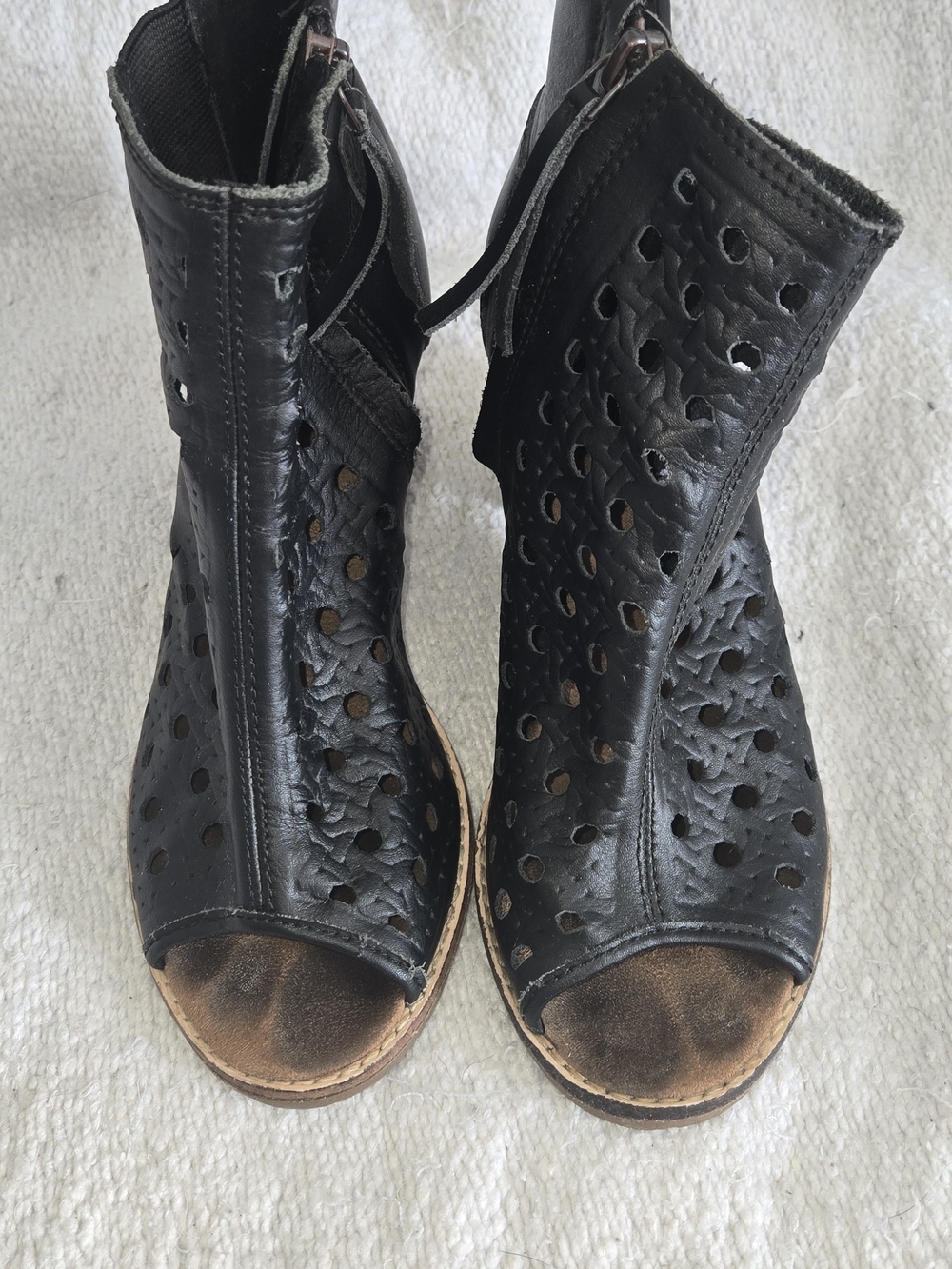 TOMS Black Perforated Peep Toe Ankle Booties Block Heel